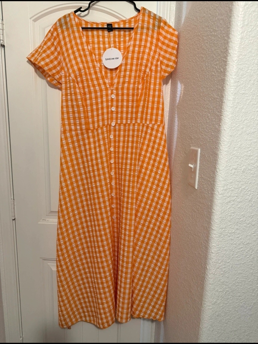 SHEIN Women’s Orange Gingham Button-Front Midi Dress
